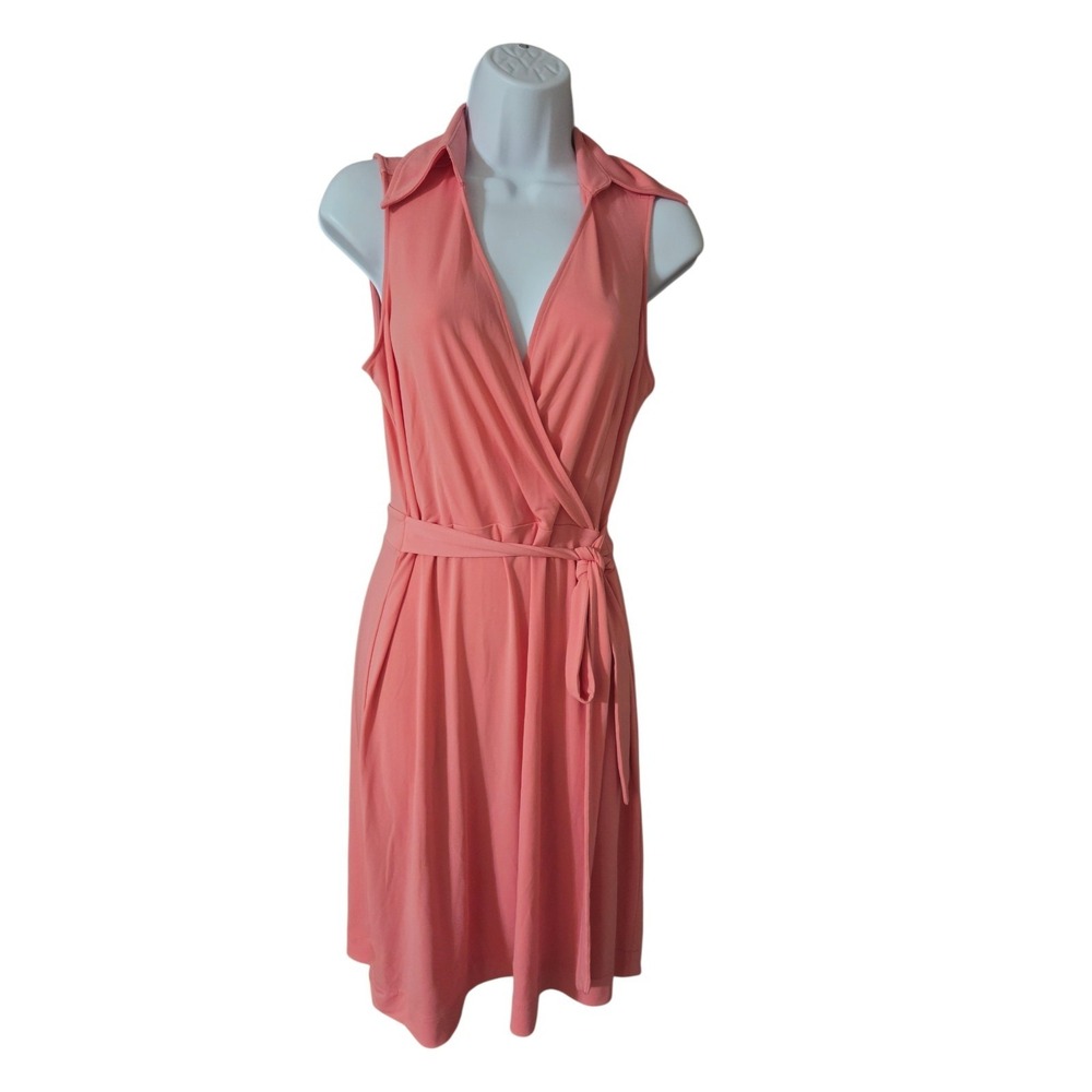 New York & Co Stretch Sleeveless Coral Faux Wrap Knee Length Dress M